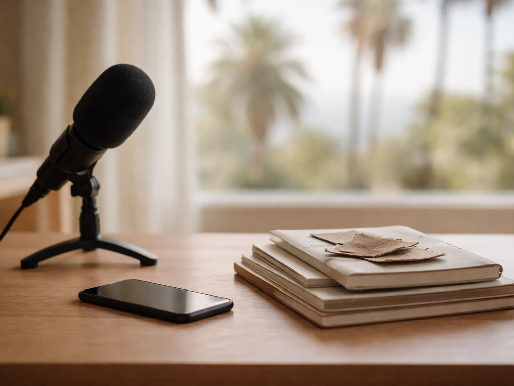 Minimal desk scene with microphone and trend notebooks by a window with palm trees, hinting at trend forecasting