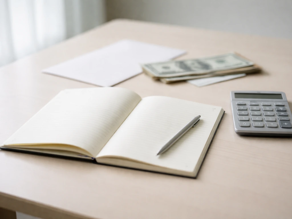 Calculator and open notebook on a desk with out-of-focus money, suggesting financial estimation without text.