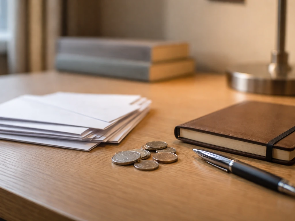 Minimal photo of a desk with envelopes, coins, and a small notepad suggesting layered income sources