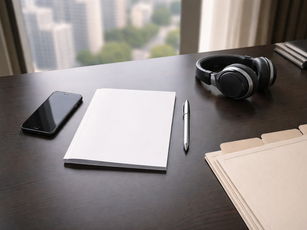 Minimal office desk scene with business magazine, headphones, and neatly arranged folders suggesting media career phases