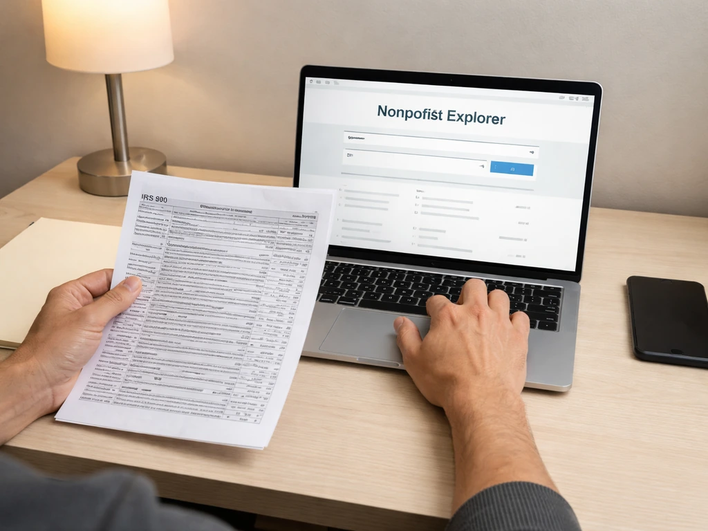 Hands reviewing an IRS Form 990 while checking a nonprofit explorer webpage on a laptop.