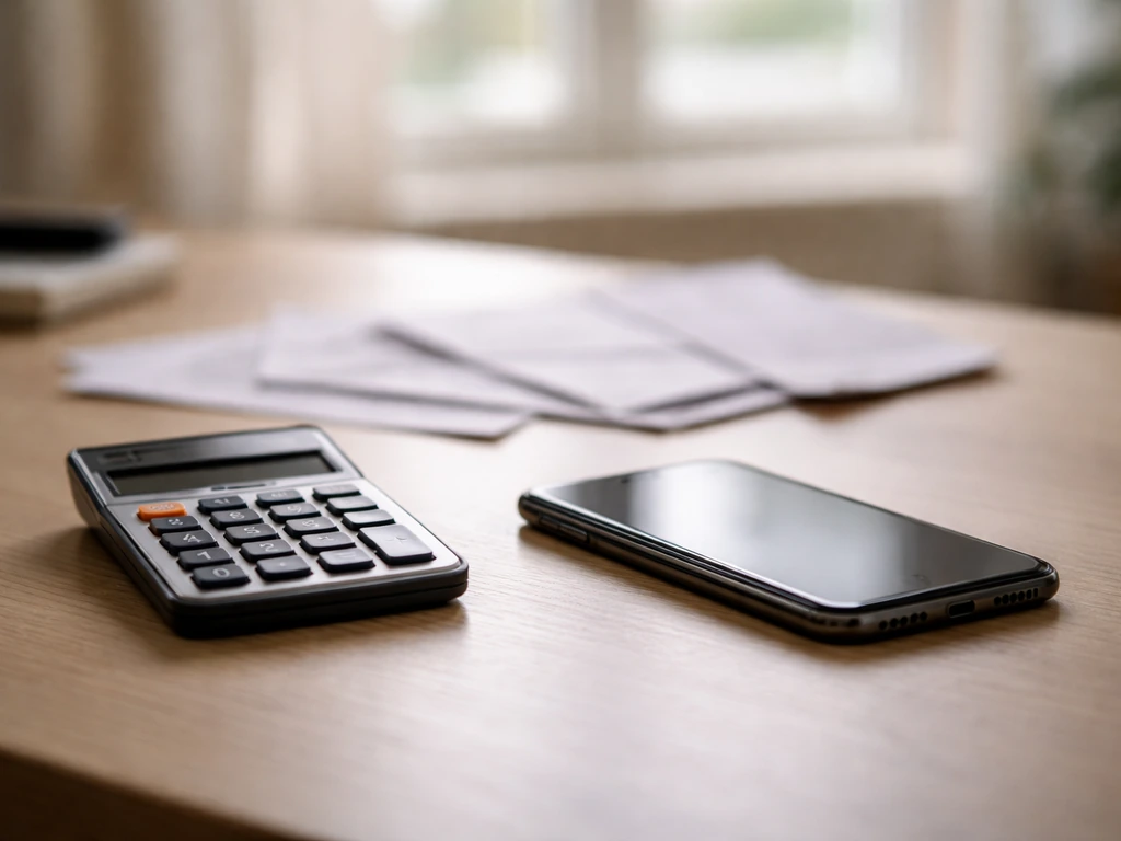 Close-up of a calculator, scattered receipts, and a smartphone on a desk symbolizing net worth estimation.