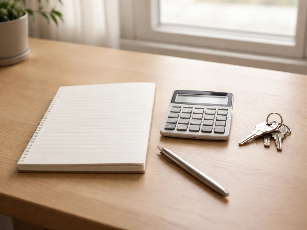 Minimal photo of a blank notepad and calculator beside keys, suggesting unknown personal assets