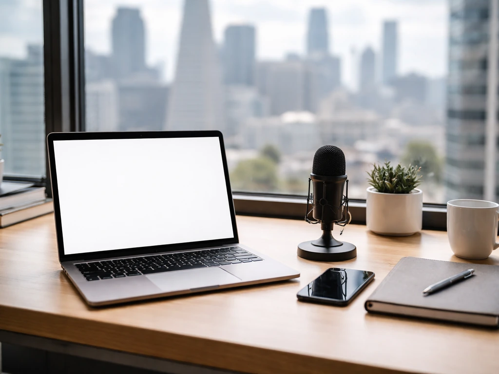 Minimal tech media desk setup by a window with laptop and microphone, hinting at analysis and business context.