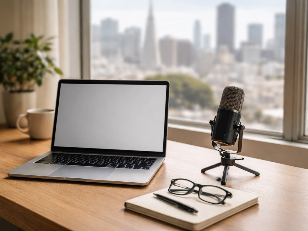 Minimal tech office desk in San Francisco with a microphone and open laptop, city light through window.