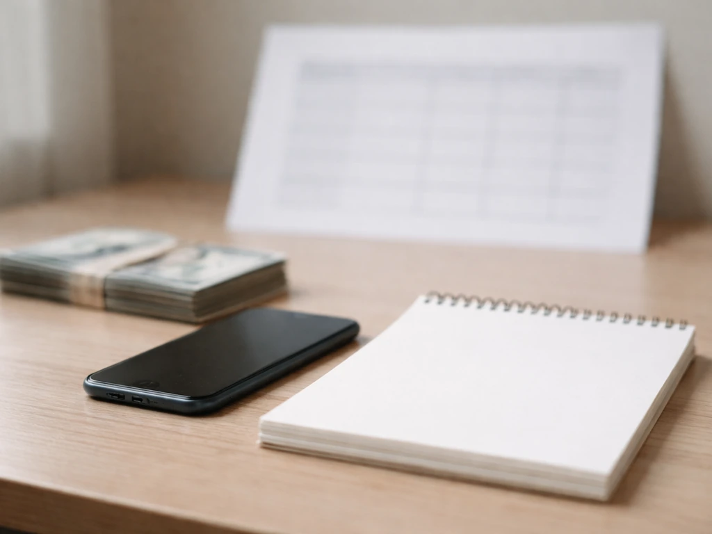 Minimal desk scene with money, a blank notepad, and a phone, suggesting disputed net worth comparisons without text.