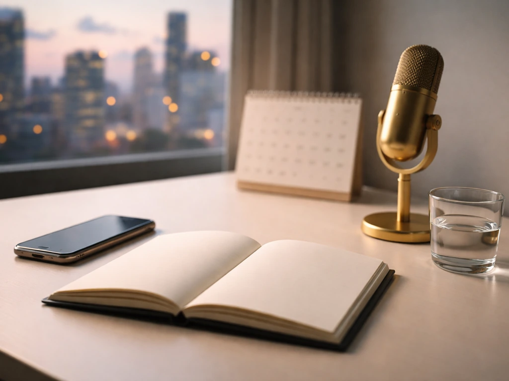 Minimal desk scene with notebook, phone, and microphone by a window with a blurred city skyline.