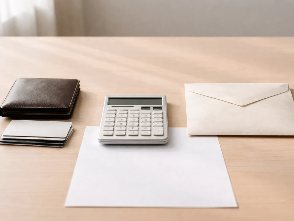 Minimal office desk scene with wallet, envelope, blank paper, and calculator symbolizing assets minus liabilities