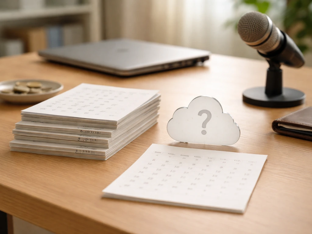 Minimal media-finance desk scene with a calendar stack and a single uncertainty cloud icon