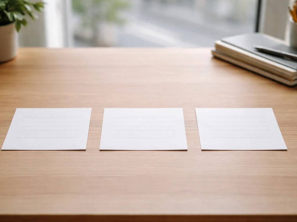 Three blank index cards on a wooden desk, suggesting a comparison chart without any text.