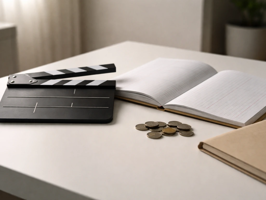 Clapperboard beside an open ledger with coins, evoking entertainment earnings and wealth analysis.