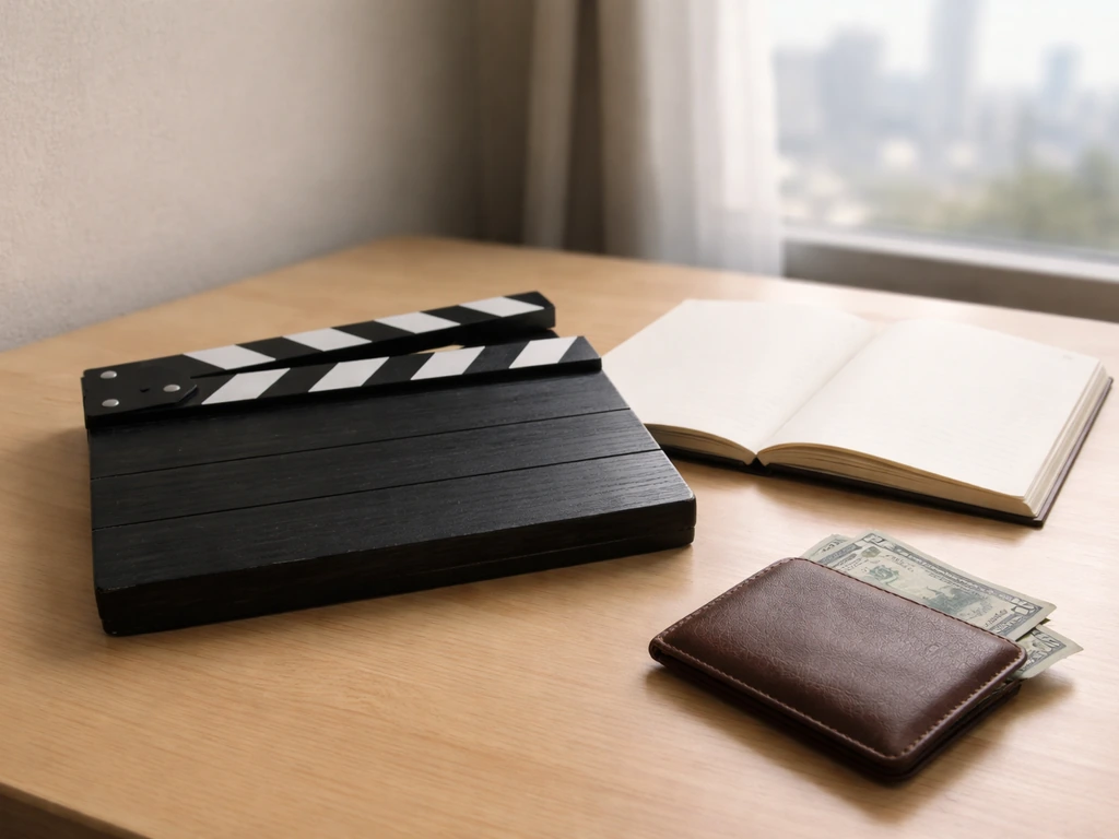 Minimal studio desk with clapperboard and wallet, suggesting public acting credits and income sources research.
