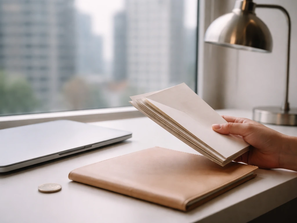 Minimal desk finance scene with documents and laptop, city view through a window, no text.